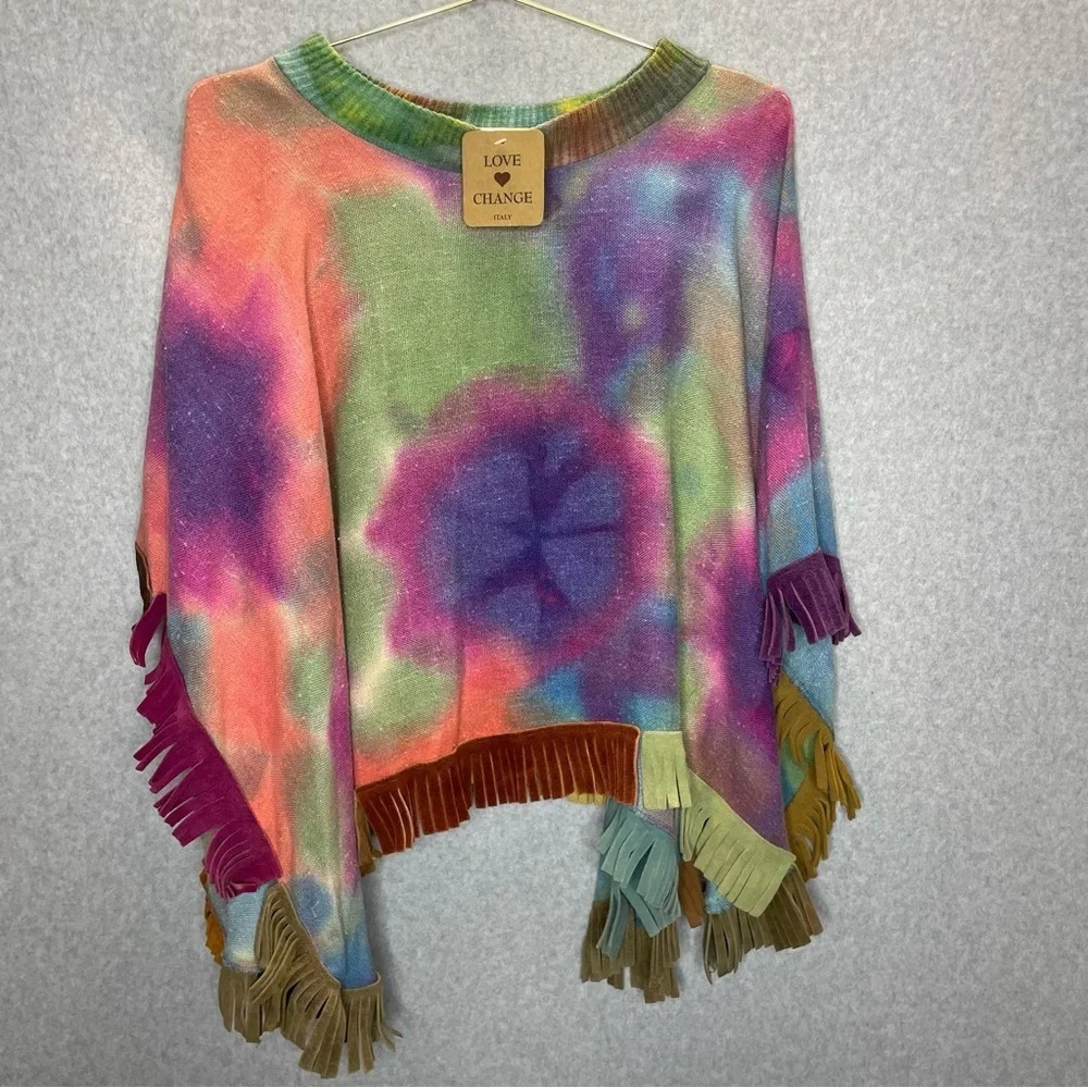 Love Change Italy Western Bohemian Tie Dye Genuine Leather Multi Color Poncho